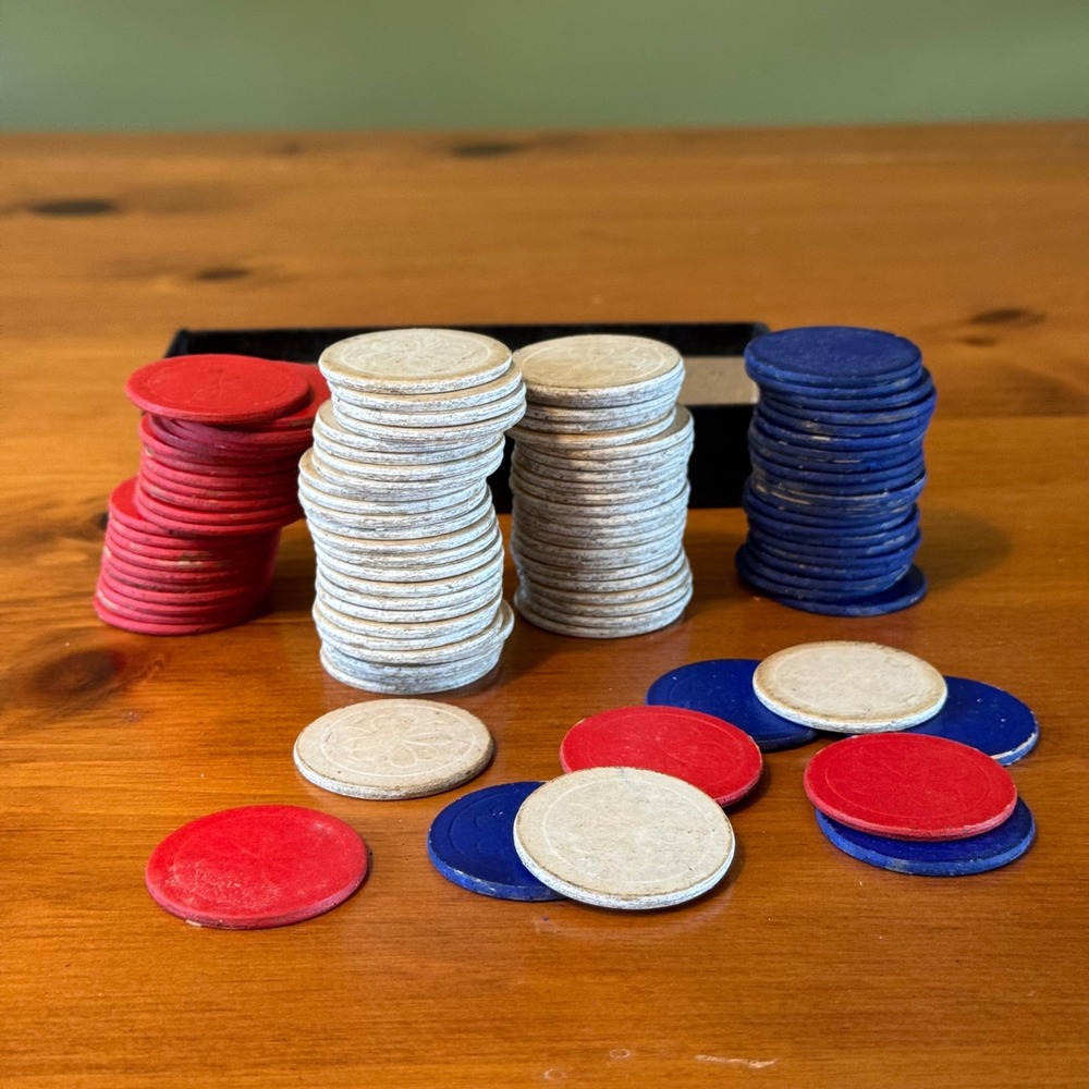 Vintage Poker Chips Set Red White Blue Four Leaf Clover Embossed